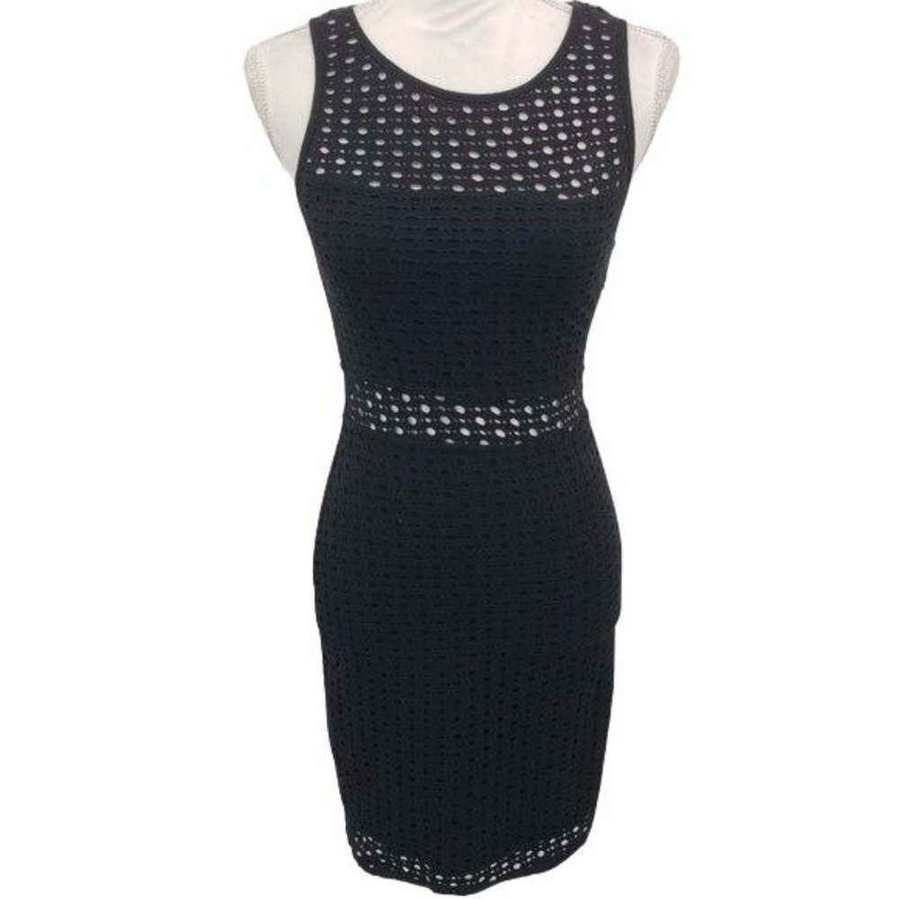 AQUA Sleeveless Bodycon Mini Dress Polka Dot Cut Out Little Black LBD Small NWT